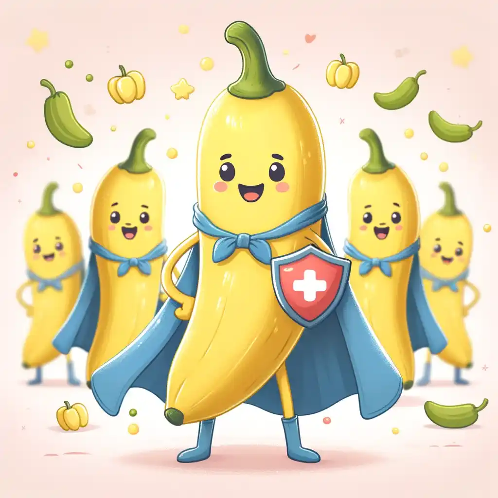 "Cartoon banana peppers with shields and capes, symbolizing immune support in a playful, pastel-colored background."