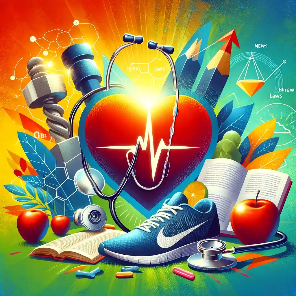 "Health and fitness fusion with stethoscope, running shoes, heart symbol, and legal book on a vibrant background for holistic wellbeing."