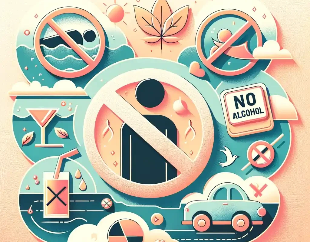 "Health blog image with symbols for no swimming, driving, or alcohol, promoting epilepsy safety."