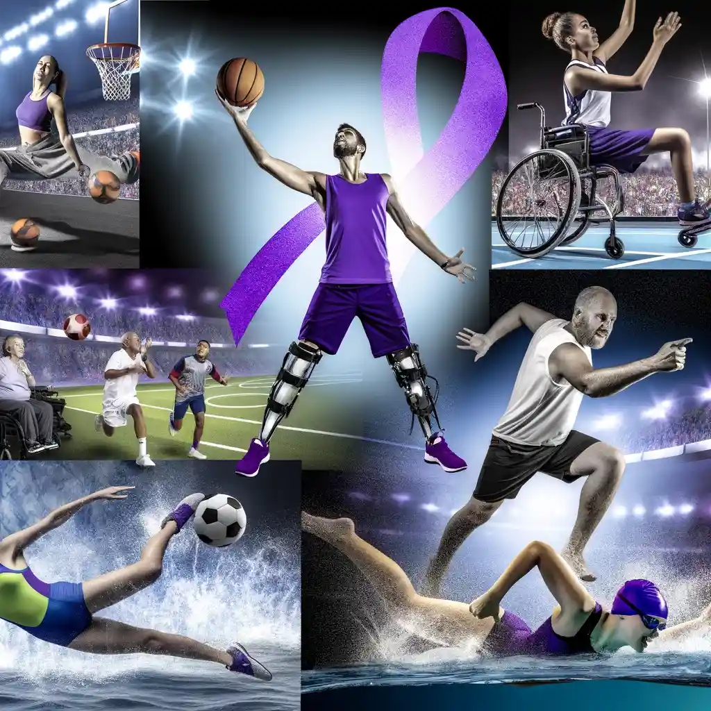 "Diverse athletes in action, showcasing unity and support for epilepsy awareness with purple ribbons."