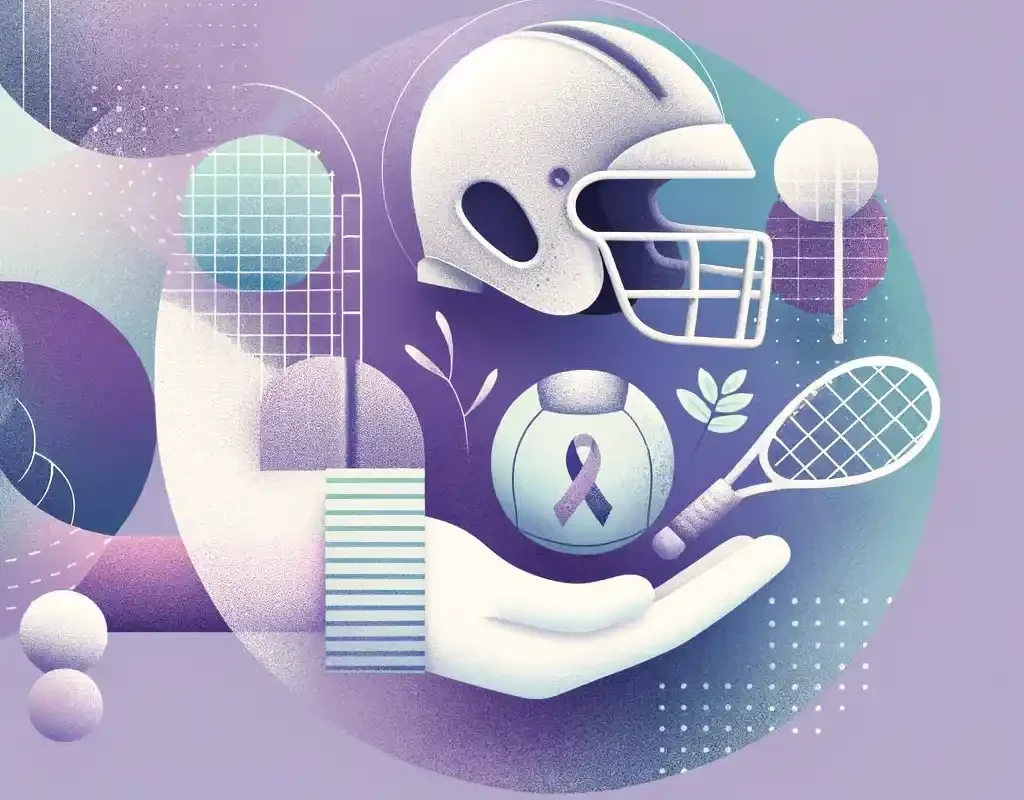 Feature image showing helmet, supportive hand, sports gear, and purple ribbon for epilepsy awareness."