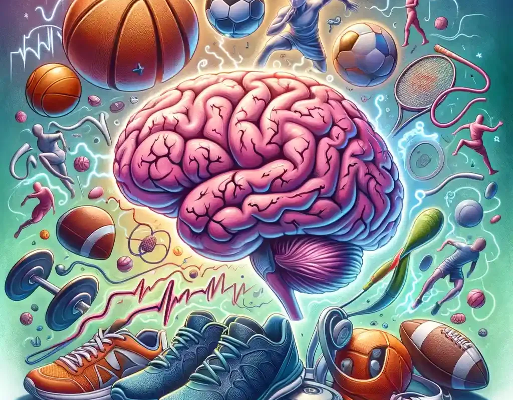 Brain and sports gear merge, symbolizing epilepsy's impact in sports with a hopeful tone.