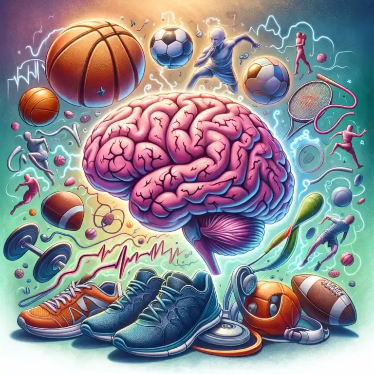 Brain and sports gear merge, symbolizing epilepsy's impact in sports with a hopeful tone.