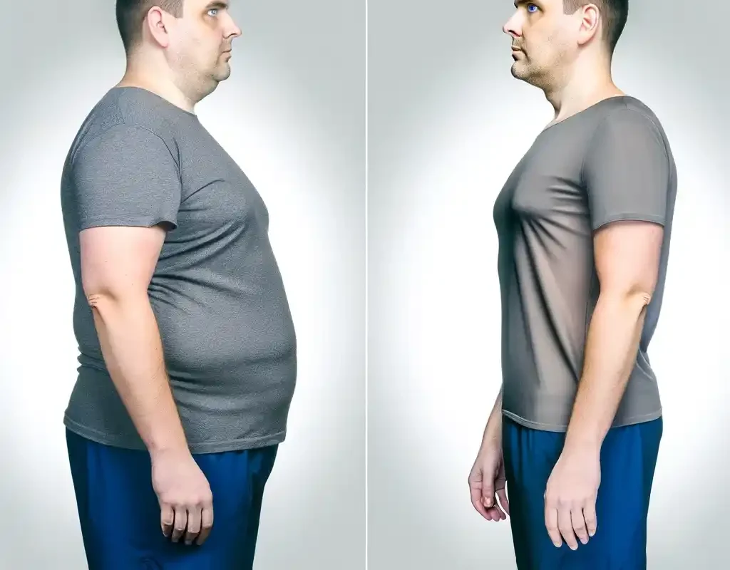 "Liposculpture before and after: Man goes from fuller figure to toned and lean, side profile."