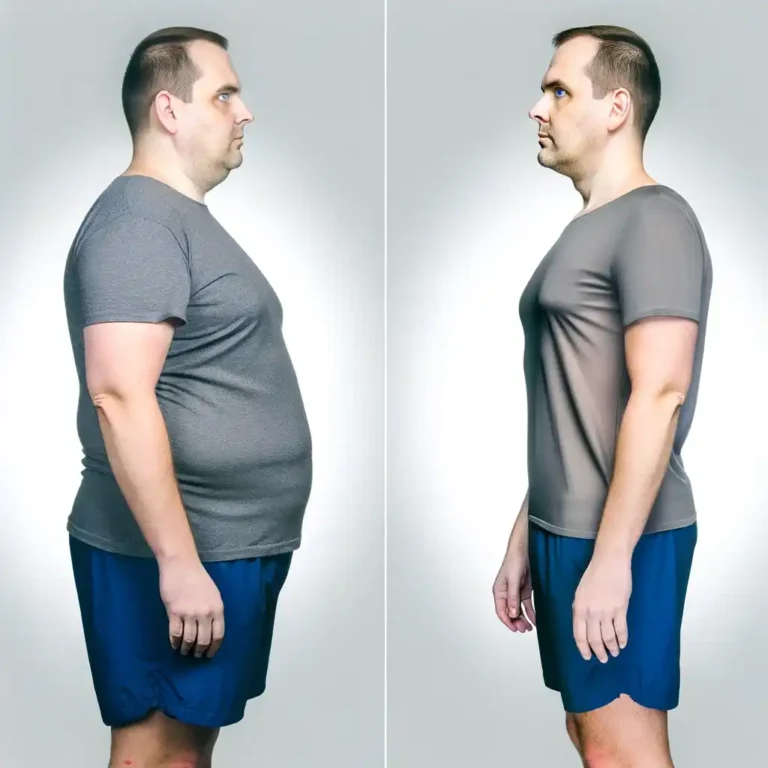 "Liposculpture before and after: Man goes from fuller figure to toned and lean, side profile."