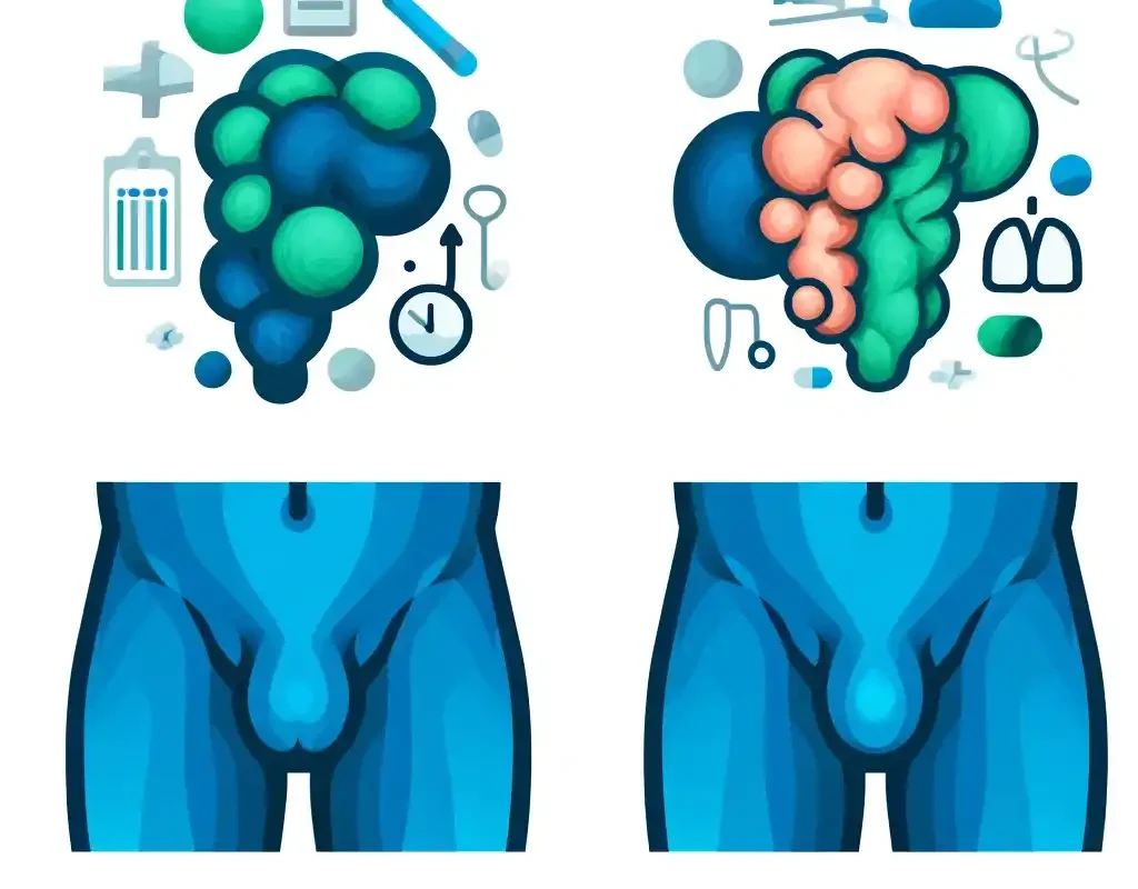 "Stylized male pubic liposuction before and after illustration, in cool clinical tones."