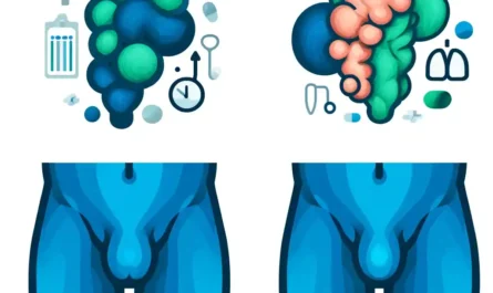 "Stylized male pubic liposuction before and after illustration, in cool clinical tones."