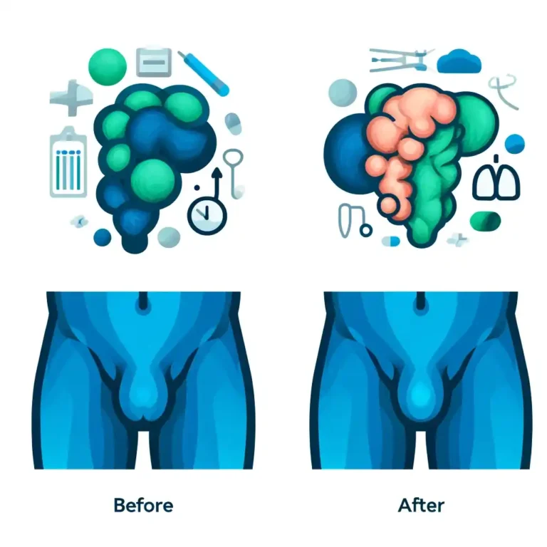 "Stylized male pubic liposuction before and after illustration, in cool clinical tones."