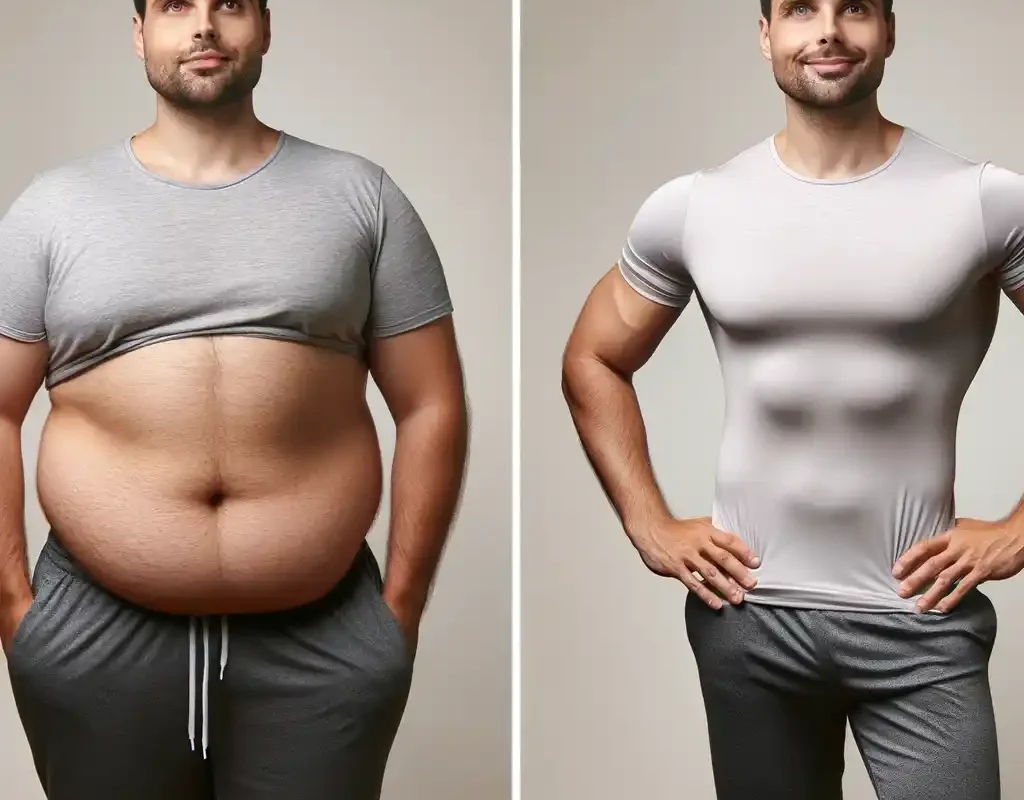 "Before and after images of a man, showing FUPA reduction through fitness."