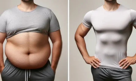 "Before and after images of a man, showing FUPA reduction through fitness."