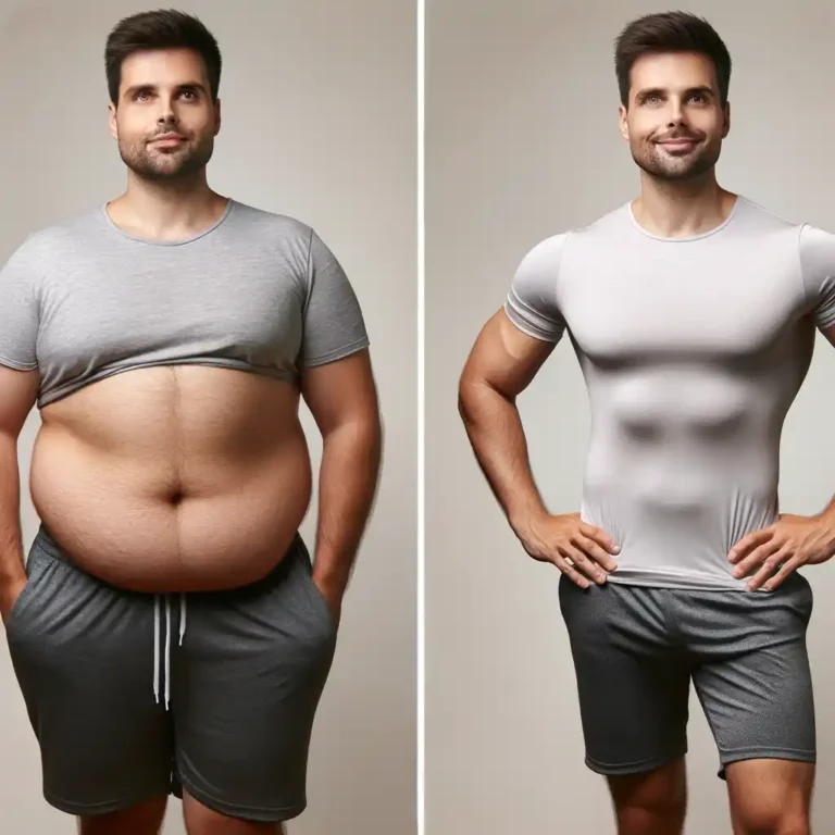 "Before and after images of a man, showing FUPA reduction through fitness."