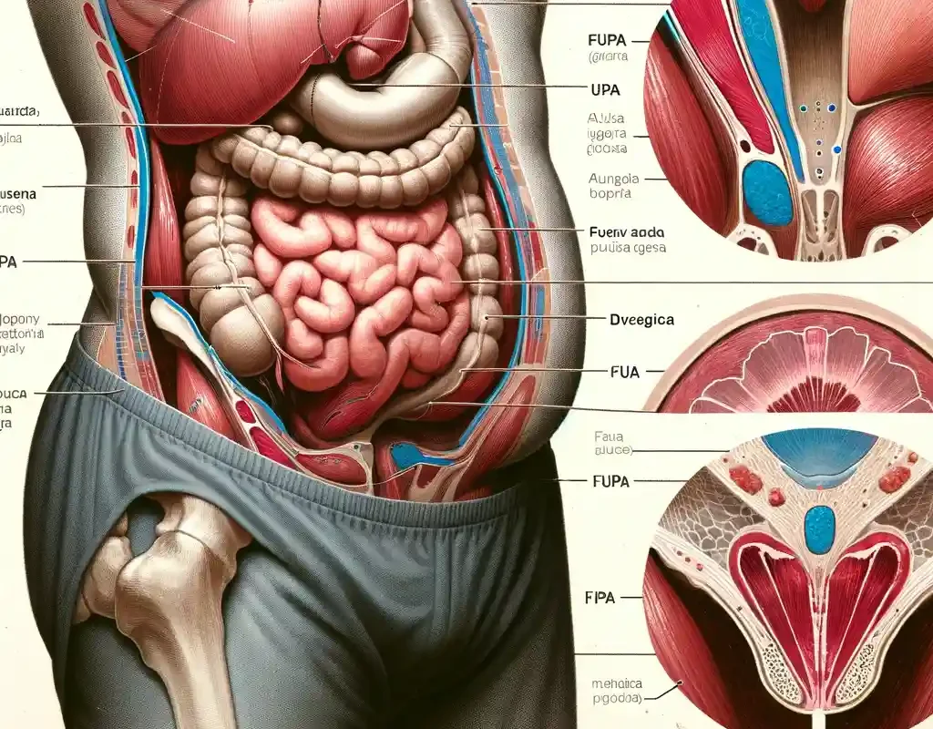 "Anatomical diagram highlighting the FUPA area above the pubic bone with labeled arrows and text."